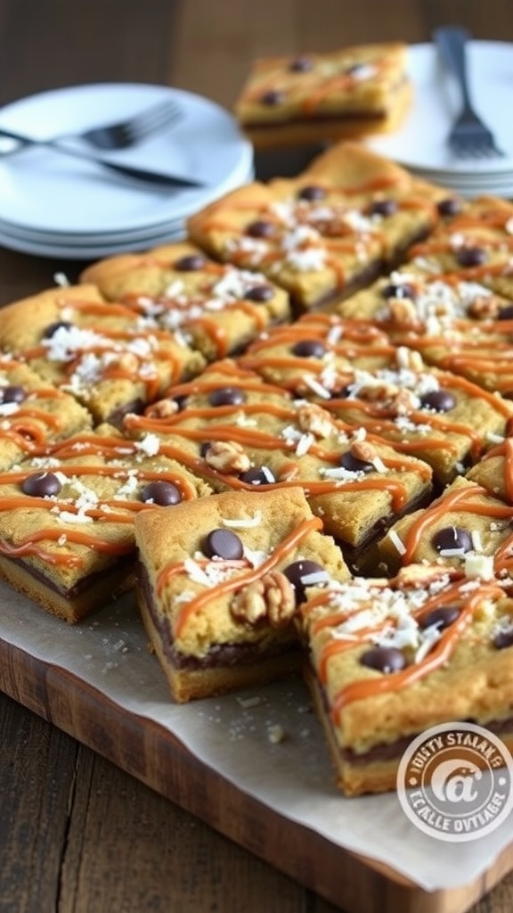 A platter of 6-layer cookie bars with caramel, chocolate chips, and nuts, arranged on a rustic table.